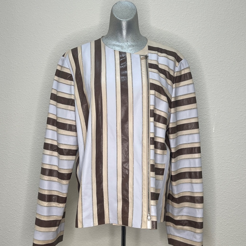 Lafayette 148 New York Aerial Blue Multi Striped Zip Leather Jacket XL